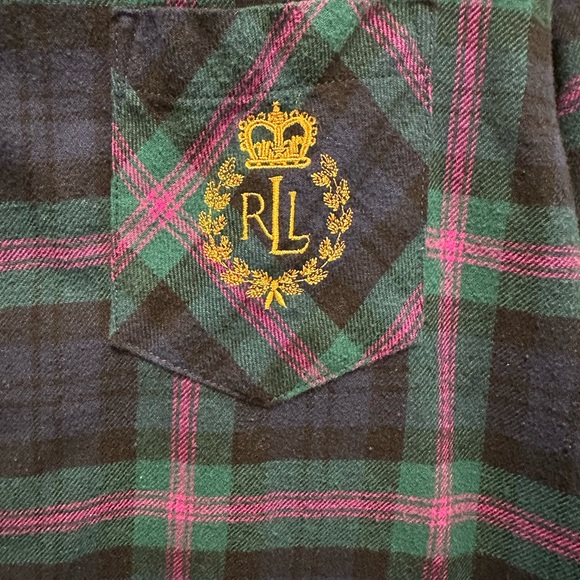 Ralph Lauren Plaid Flannel Nightshirt Medium Green Navy Pink RL crest - Picture 3 of 11